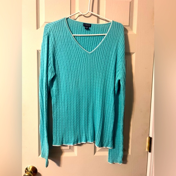 Cape Madras Cape Elizabeth, Maine teal cable knit V-neck pima cotton XL sweater - Picture 1 of 6